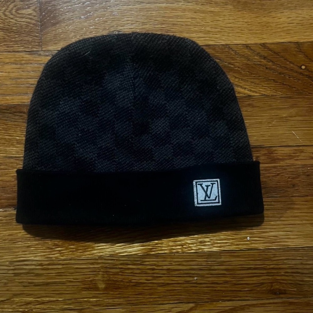 Louis Vuitton Black & Dark Gray Knit Beanie with LV Patch